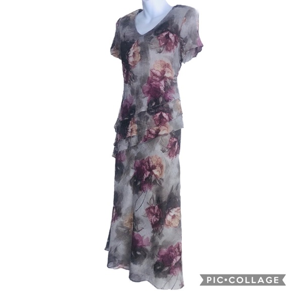 EUC S.L Fashions TIERED MAXI Green Floral Dress 6P - Picture 3 of 8